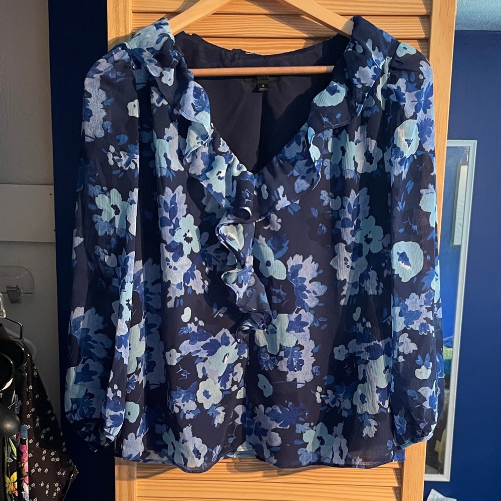 J Crew Blue floral ruffle Blouse